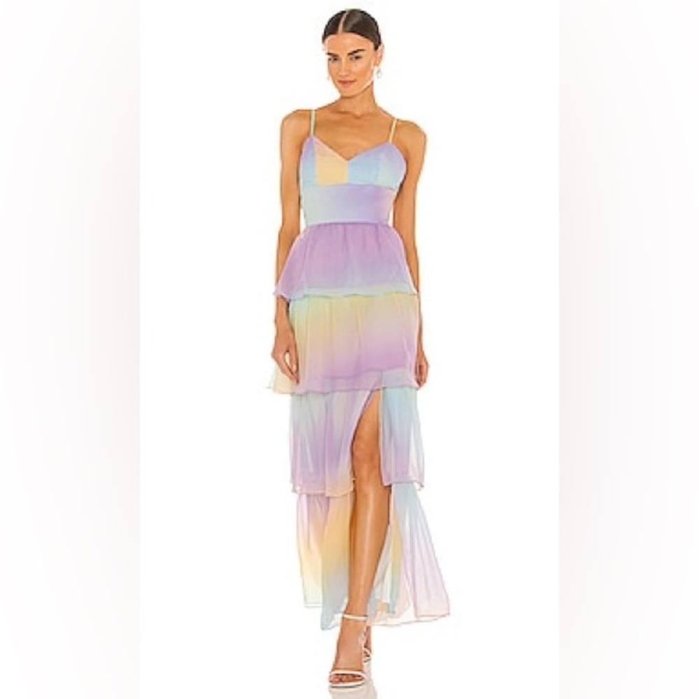 Amanda Uprichard Pastel Ombre Tiered Maxi Dress in Lavender, Yellow & Blue